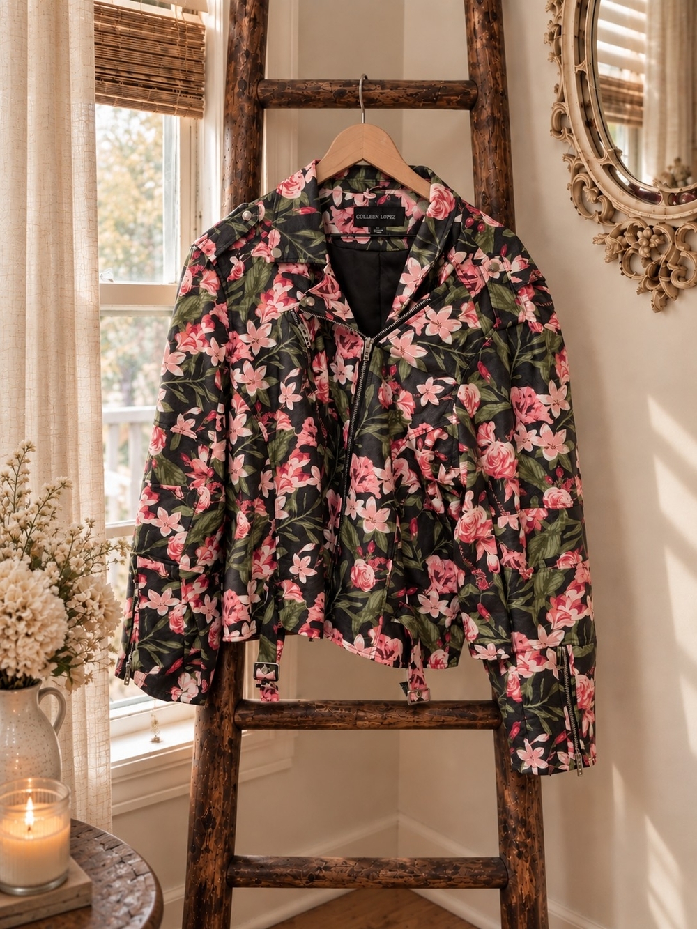 Floral Faux Leather Moto Jacket Pink Rose Edgy Fall - Picture 14 of 14